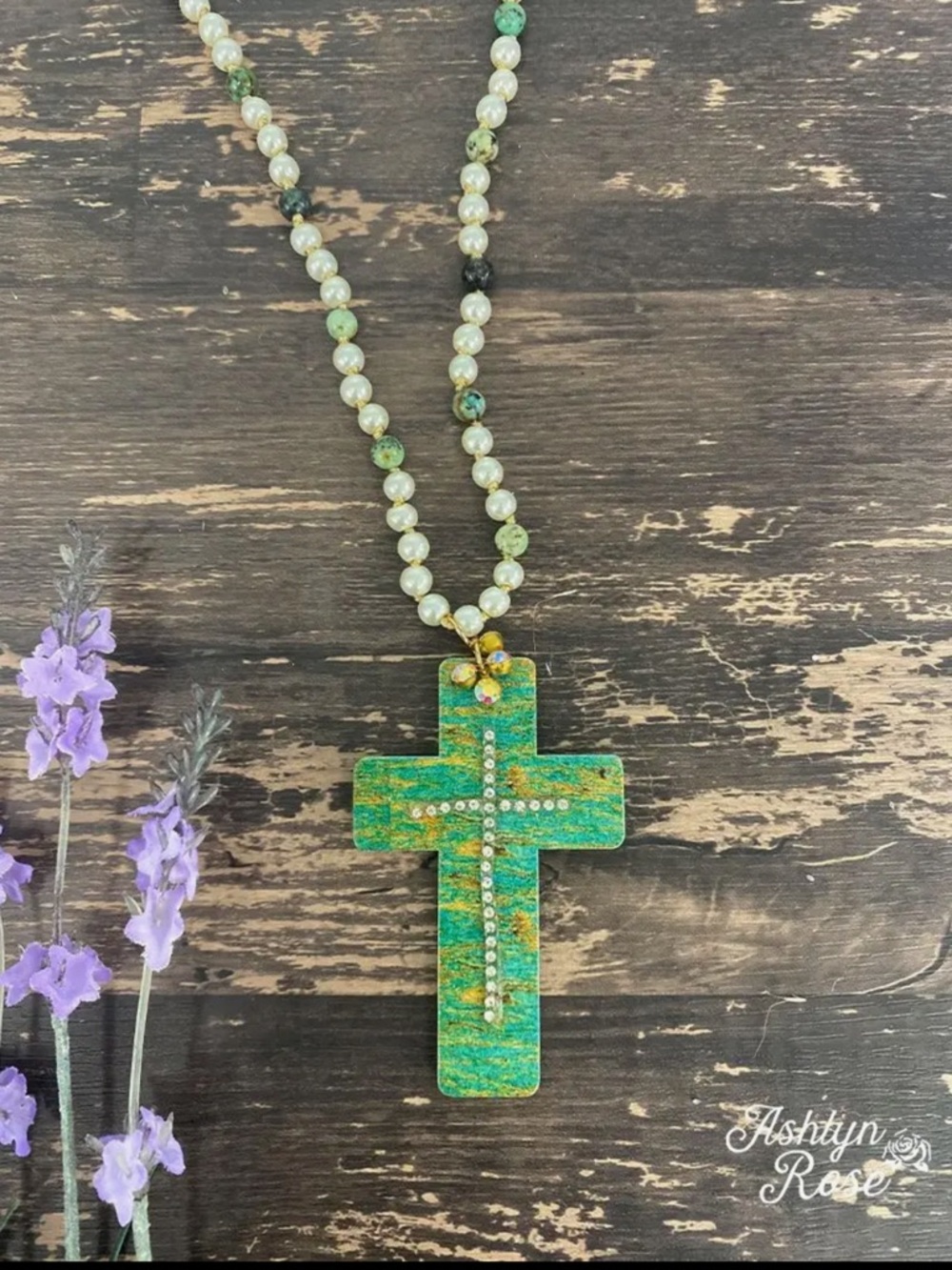 Green Cross Pendant Necklace with faux pearls